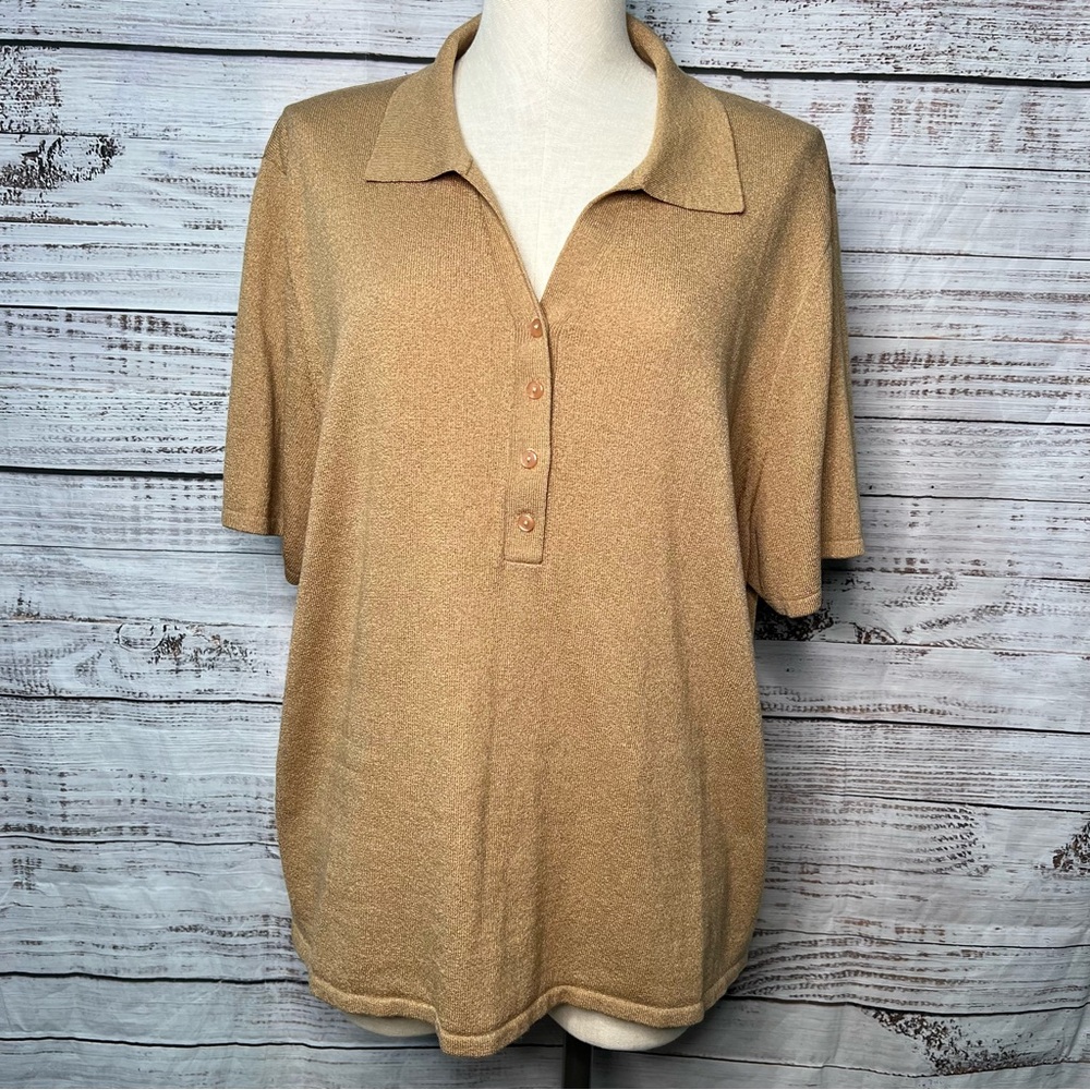 VTG Kathie Lee Woman 22W/24W Brown Knit Polo Shirt Plus Size 2x 3x Camel Brown